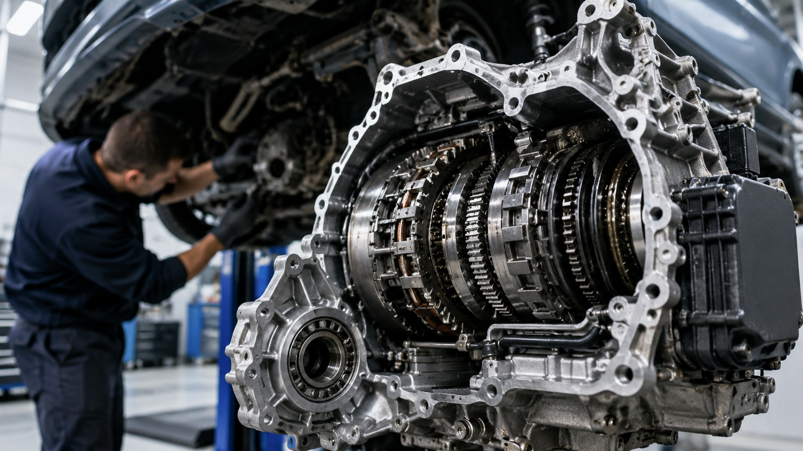 Mechanic inspecting a Ford Powershift dual-clutch transmission removed from a vehicle in a professional workshop.